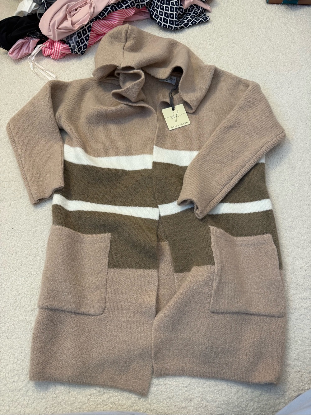 Dress Forum Taupe Hooded Open-Front Coatigan with Olive & White Stripes